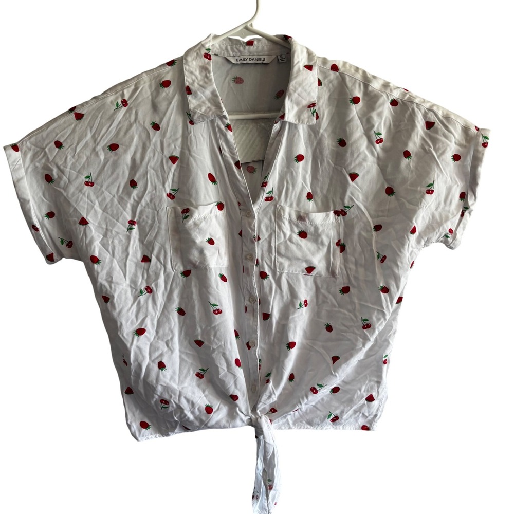 Emily Daniels Fruit Print Tie Front Top White XL Rayon Strawberry Cherry Shirt